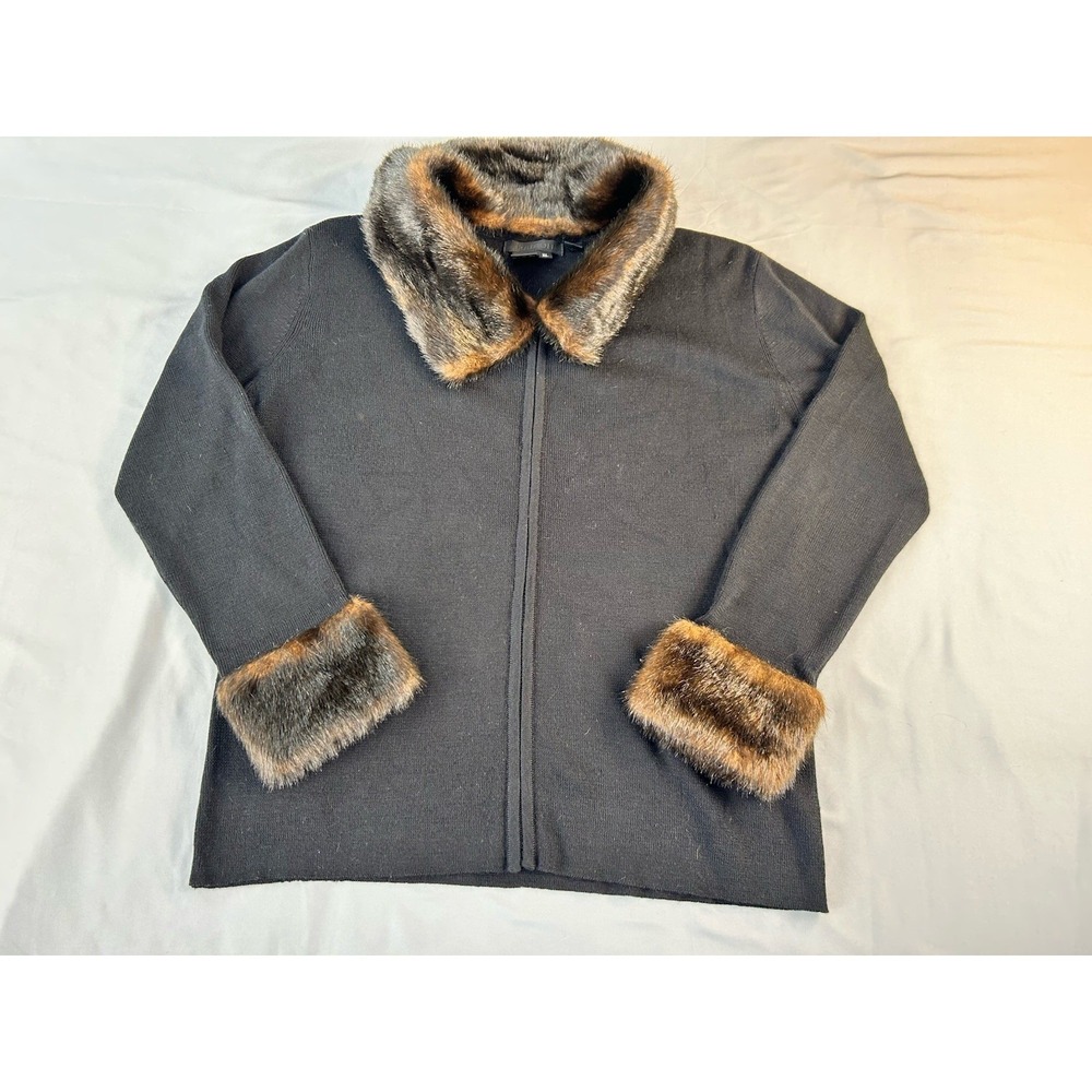 Radzoli Womens XL Sweater Jacket Faux Fur Trim Zip Front Black‎